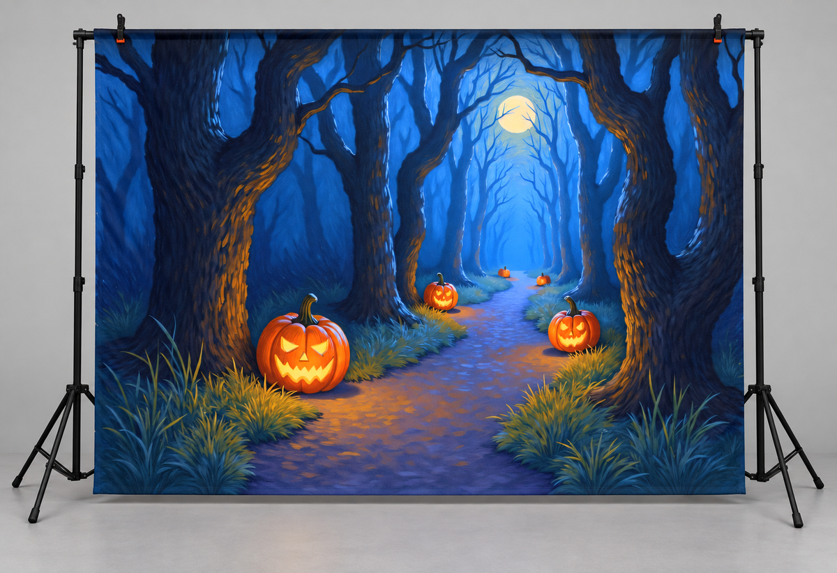 Blue Pumpkin Forest Halloween Backdrop hanging display illustration