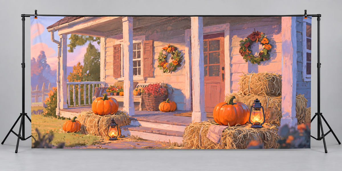 Harvest Wreath Porch Fall Photography Backdrop hanging display illustration