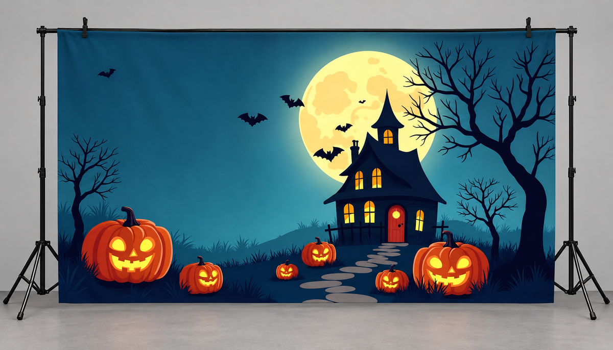 Golden Moon Pumpkin Cottage Halloween Backdrop hanging display illustration