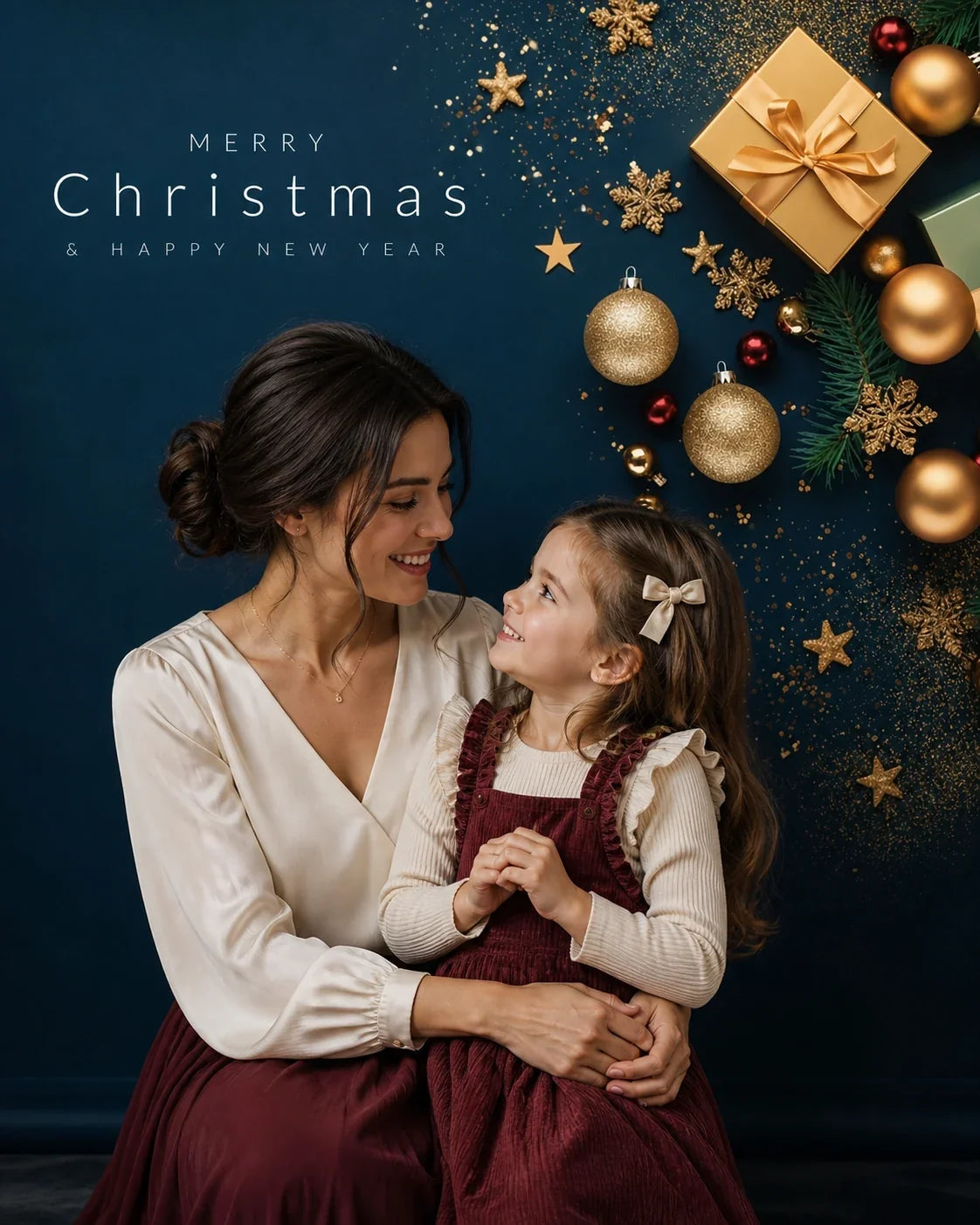 Styled mother-and-daughter studio portrait with a navy Merry Christmas gifts and ornaments printed photography backdrop
