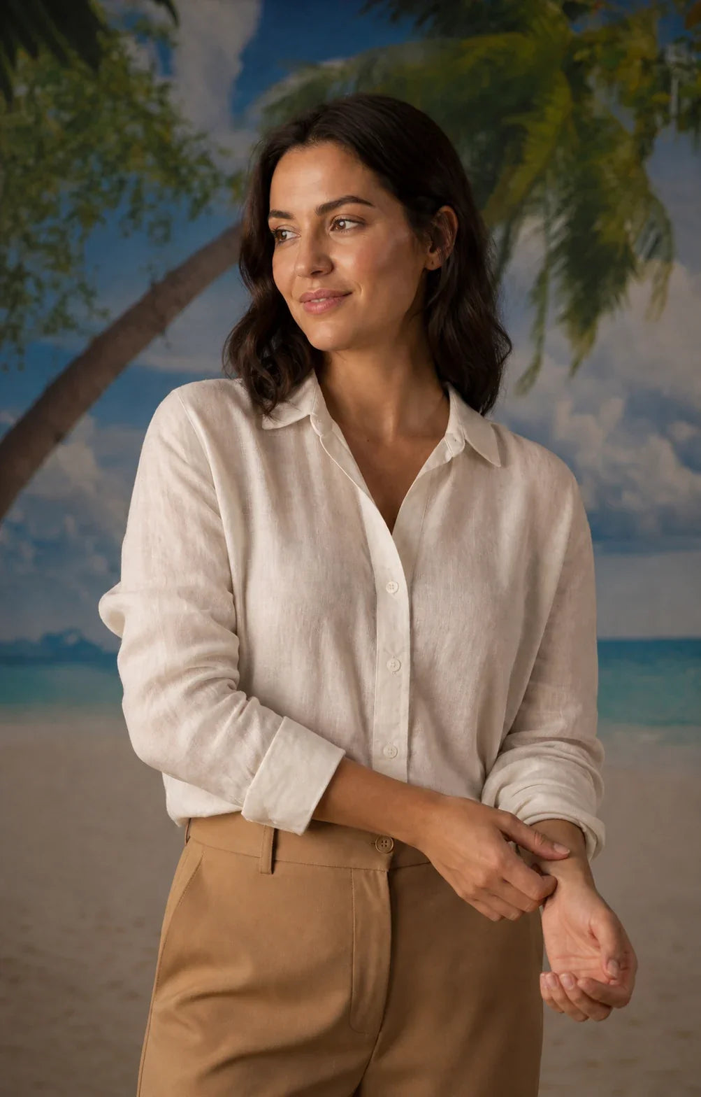 Close studio portrait with the Tropical Palm Beach printed backdrop softly behind the subject