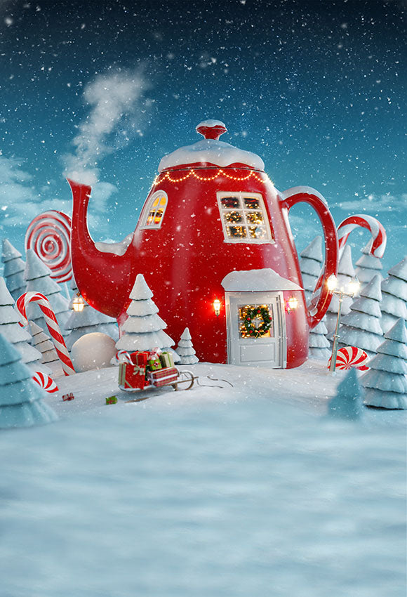 Chiefbackdrop™ Cartoon Red Kettle House in the Snow Background Christmas Backdrop for Children