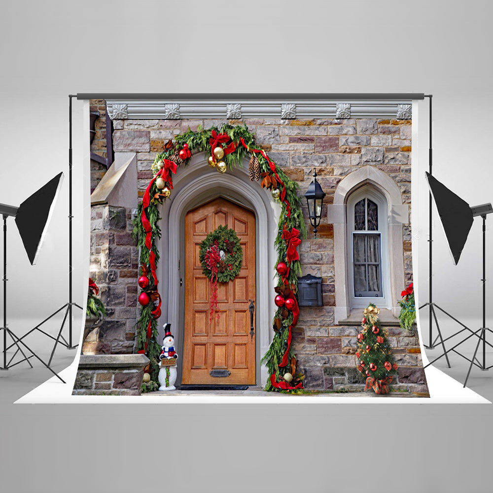 Chiefbackdrop™ Christmas Decorated Wooden Door Photography Backdrops