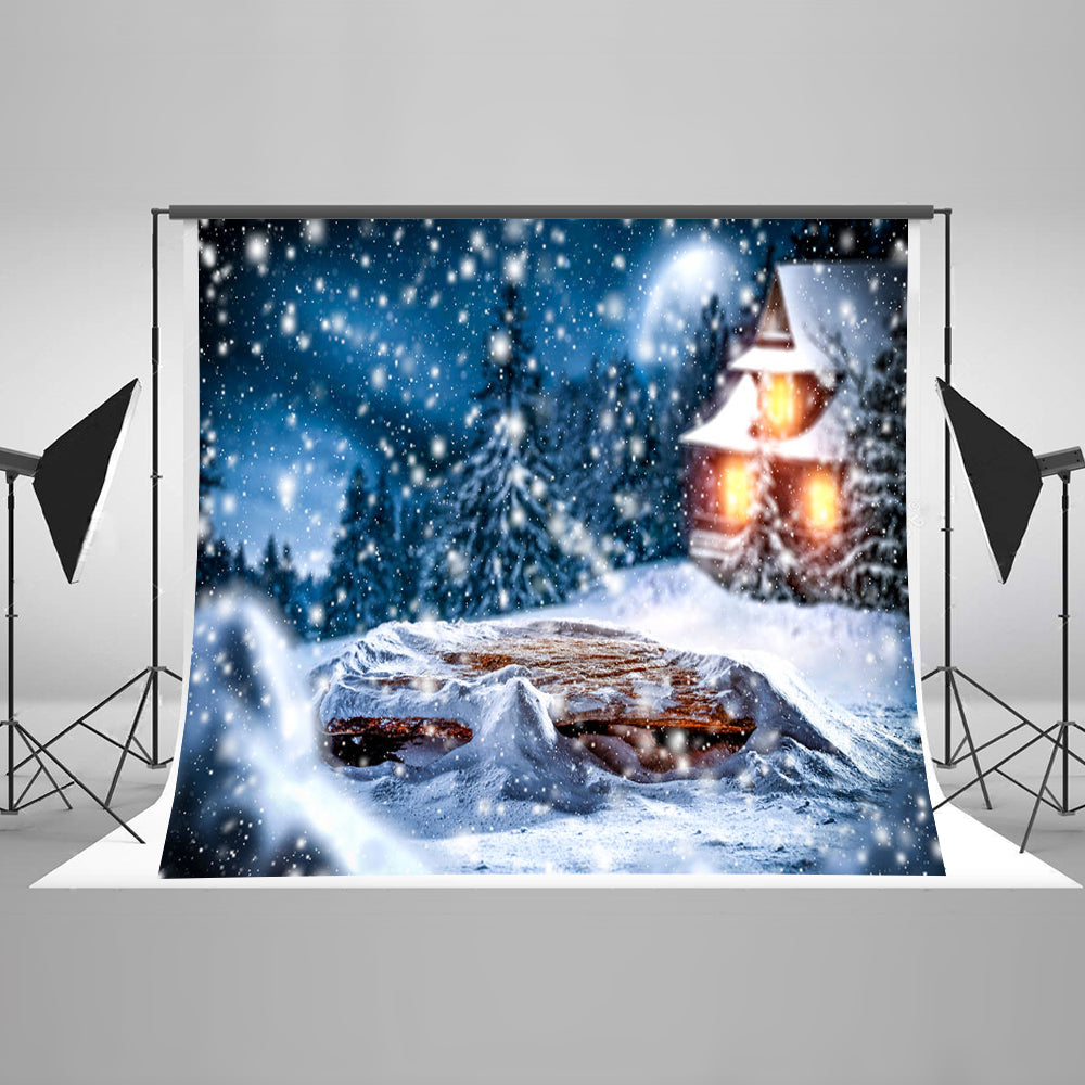 Chiefbackdrop™ Alight House in the Snow Background Christmas Bokeh Backdrop