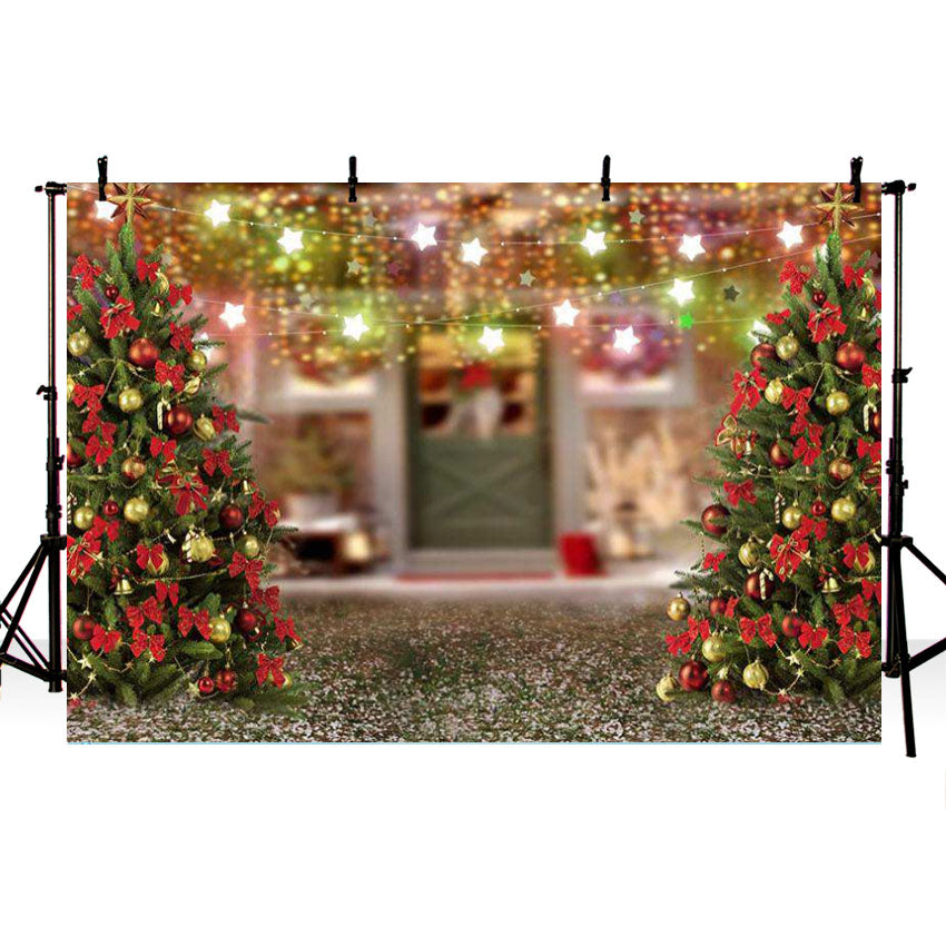 Chiefbackdrop™ Snow Outside House With Christmas Trees And Gifts For Photography