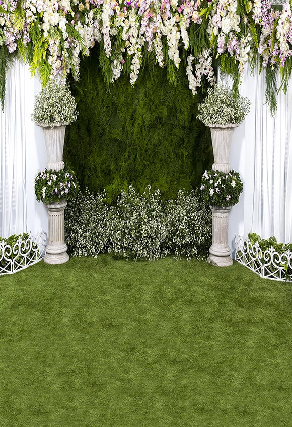 Chiefbackdrop™ Wedding Backdrops Green Background with Flowers and White Curtain