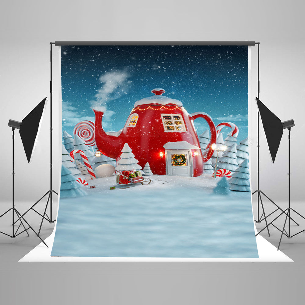 Chiefbackdrop™ Cartoon Red Kettle House in the Snow Background Christmas Backdrop for Children