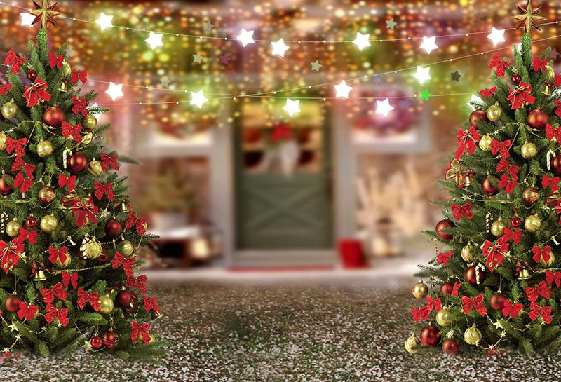 Chiefbackdrop™ Snow Outside House With Christmas Trees And Gifts For Photography