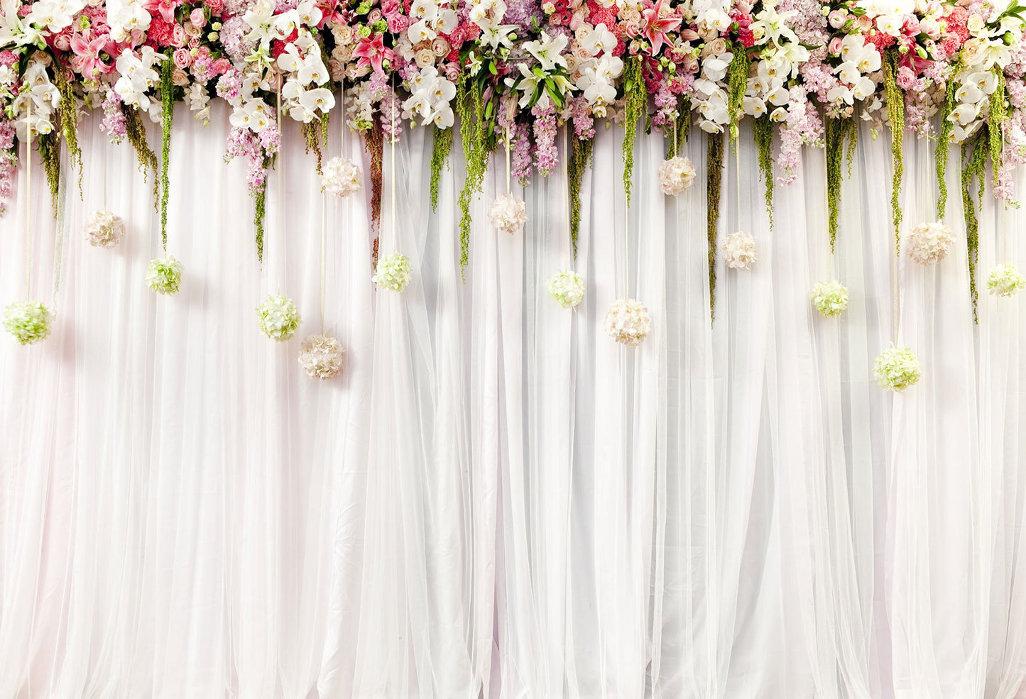 White Curtain Backdrop With Flower Decorations For Photography Horizontal | Chiefbackdrop