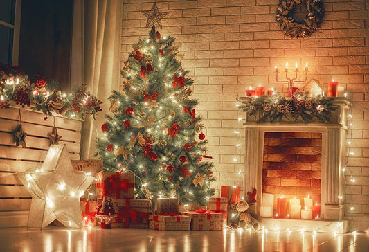 Cozy brick fireplace and Christmas tree photography backdrop with warm holiday lights