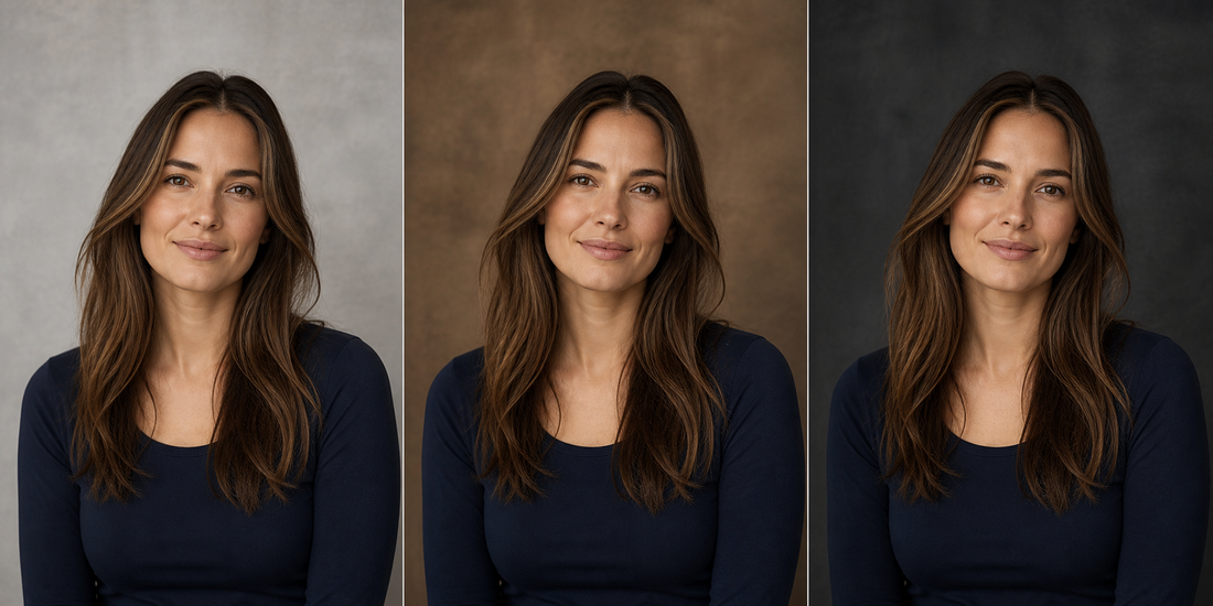 Portrait comparison on light gray, warm brown, and charcoal photography backdrops