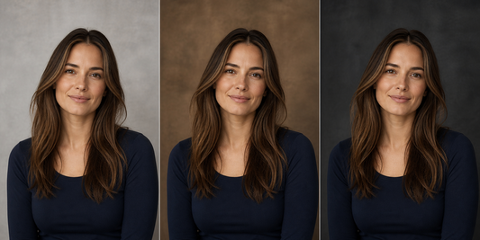 Portrait comparison on light gray, warm brown, and charcoal photography backdrops