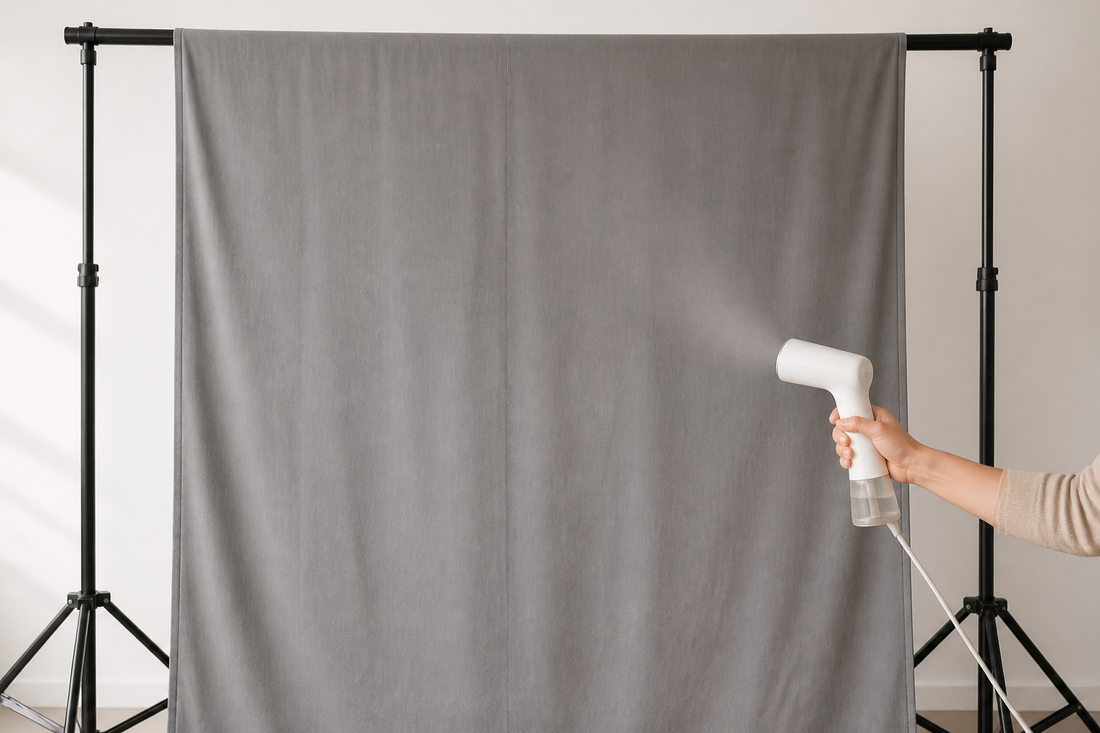 Handheld steamer smoothing a gray fabric photography backdrop on a studio stand