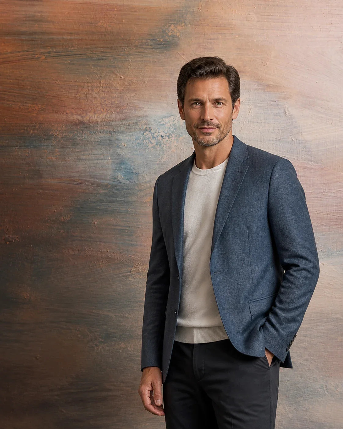 Man in slate blue jacket photographed against brown blue and coral abstract painted wall backdrop