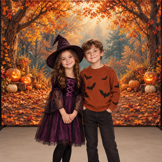 Amber pumpkin woodland backdrop styling illustration with two children