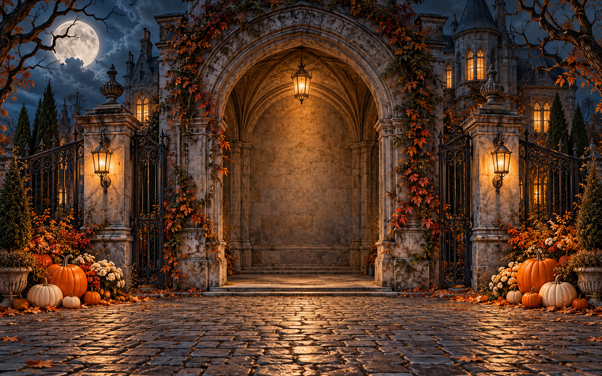Moonlit pumpkin manor flat backdrop artwork