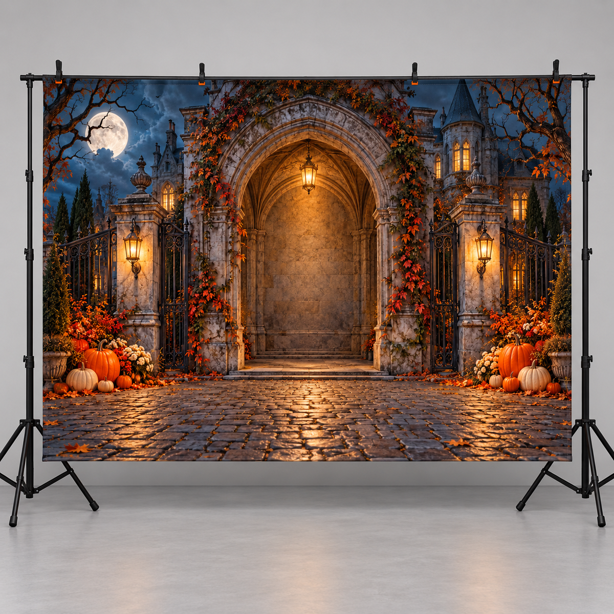 Moonlit pumpkin manor backdrop hanging display illustration