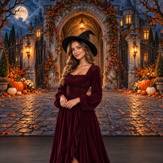 Moonlit pumpkin manor portrait styling illustration
