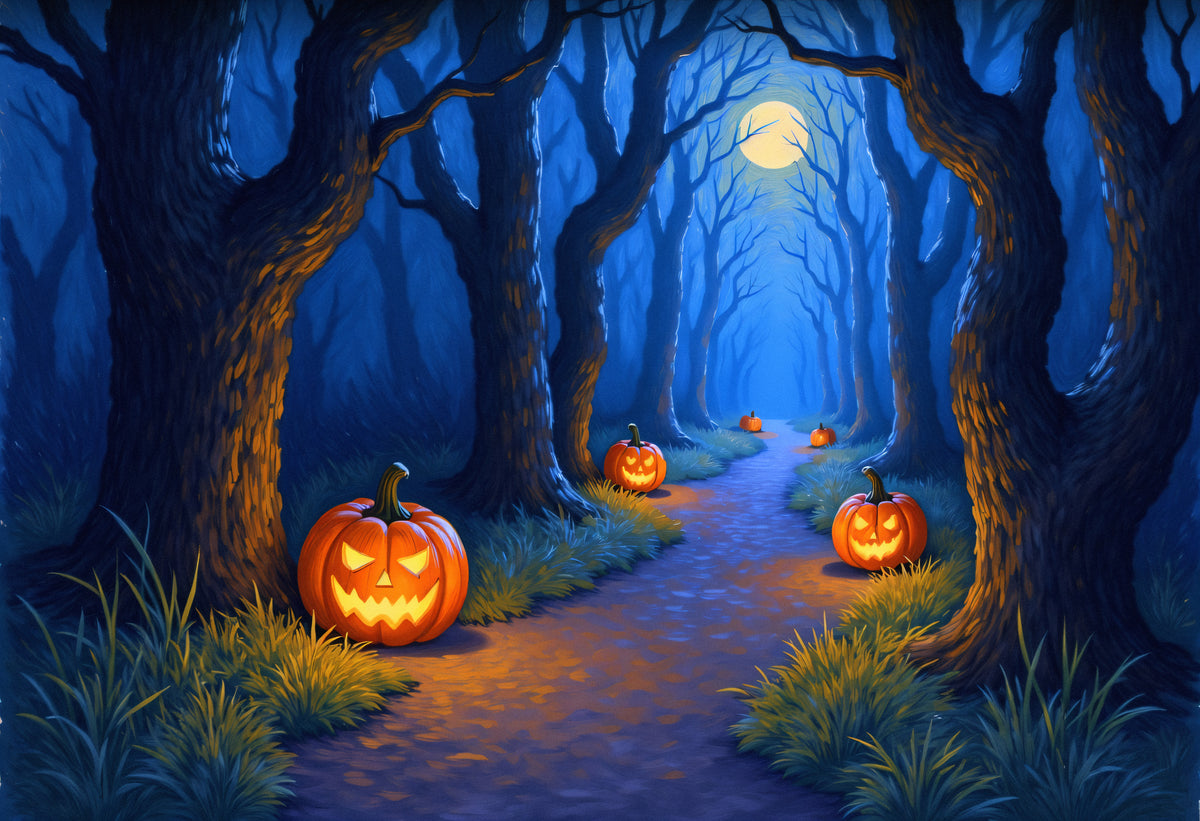 Blue Pumpkin Forest Halloween Backdrop flat artwork