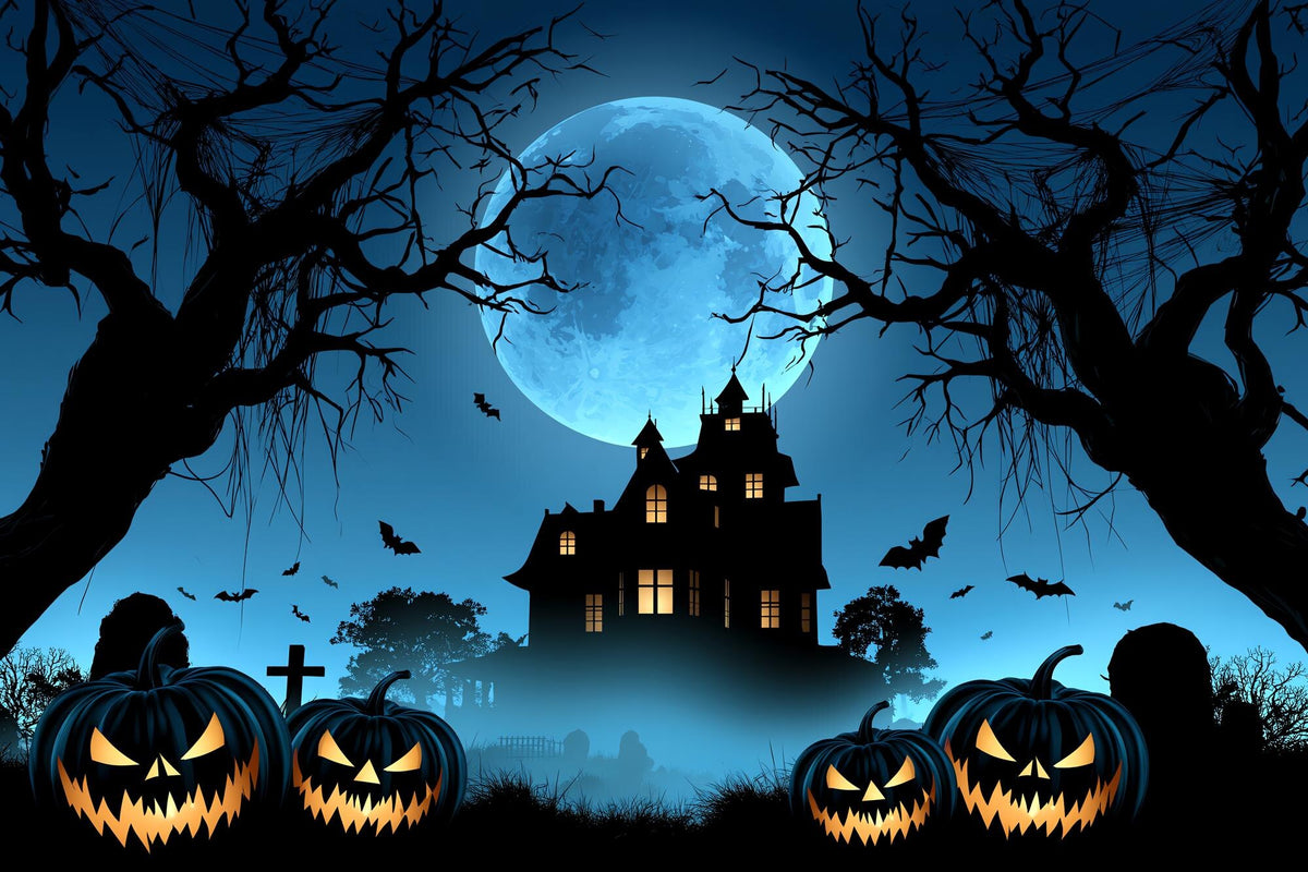 Midnight Blue Castle Halloween Backdrop flat artwork