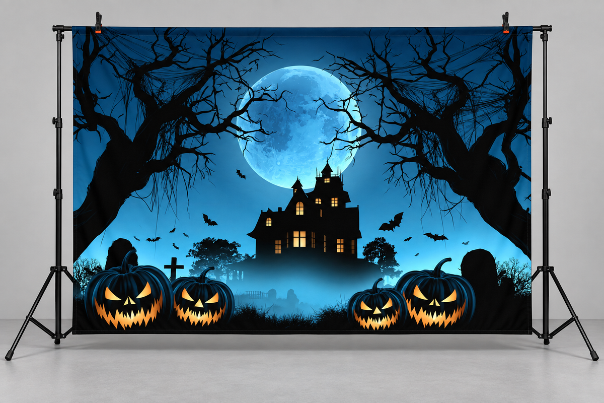 Midnight Blue Castle Halloween Backdrop hanging display illustration