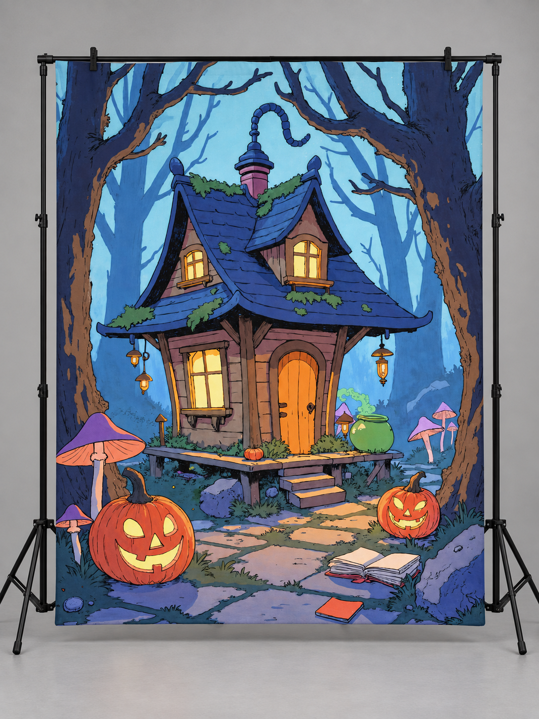 Enchanted Witch Cottage Halloween Backdrop hanging display illustration