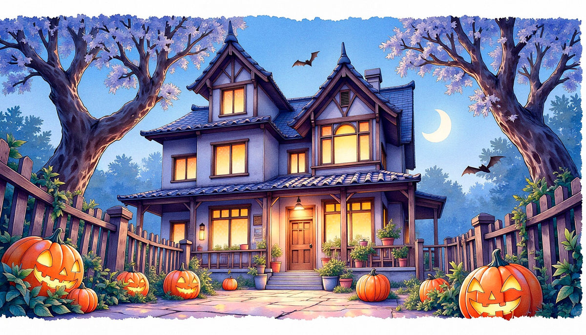 Blue Victorian Manor Halloween Backdrop flat artwork