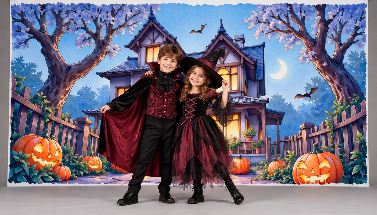 Blue Victorian Manor Halloween Backdrop portrait styling illustration