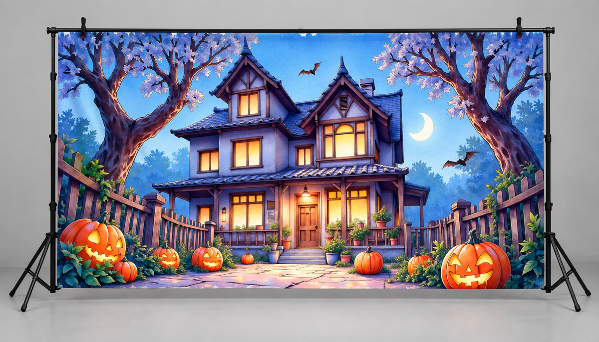 Blue Victorian Manor Halloween Backdrop hanging display illustration