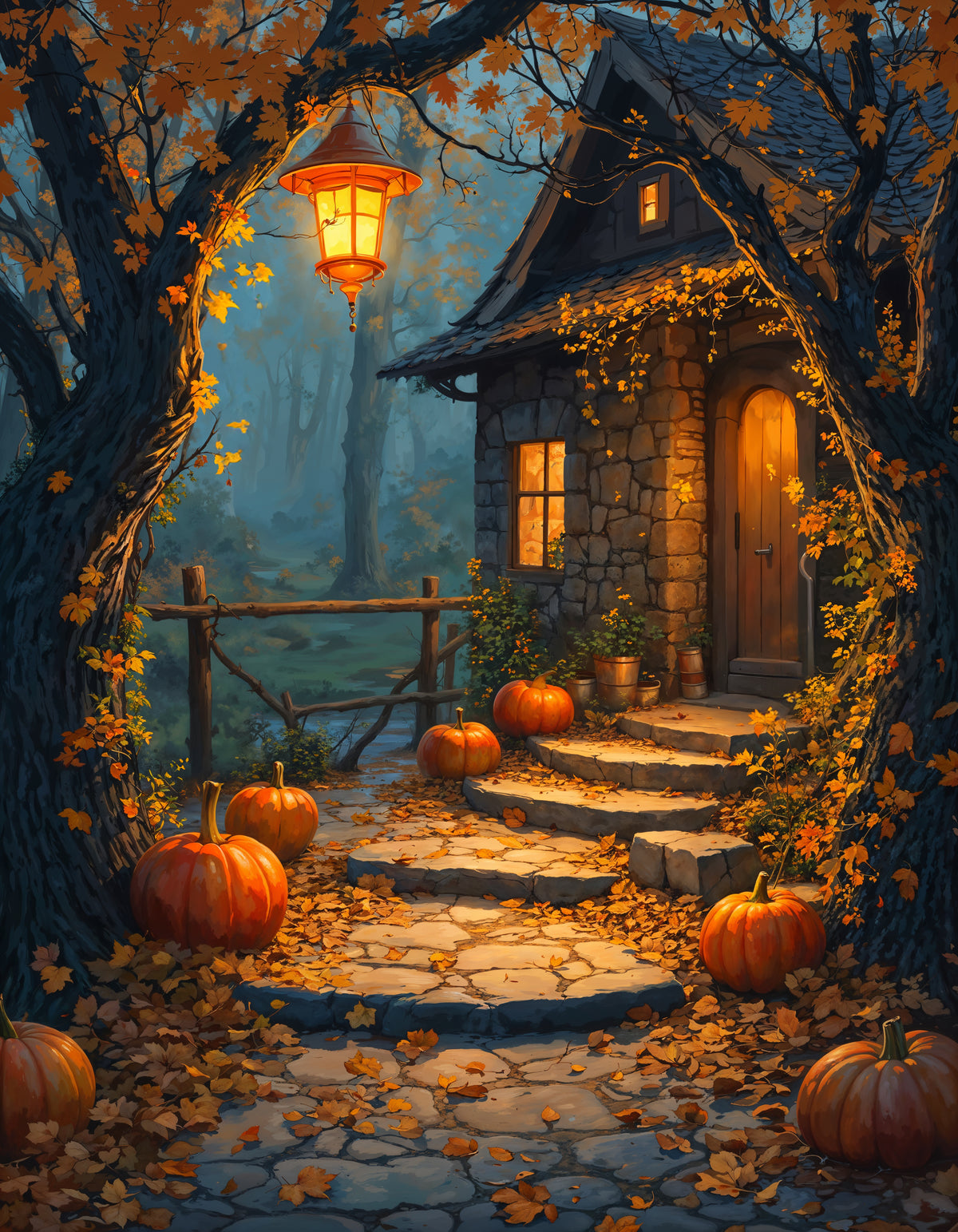 Autumn Woodland Cottage Photography Backdrop flat artwork