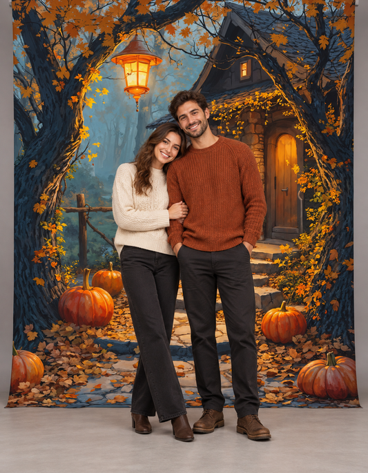 Autumn Woodland Cottage Photography Backdrop portrait styling illustration