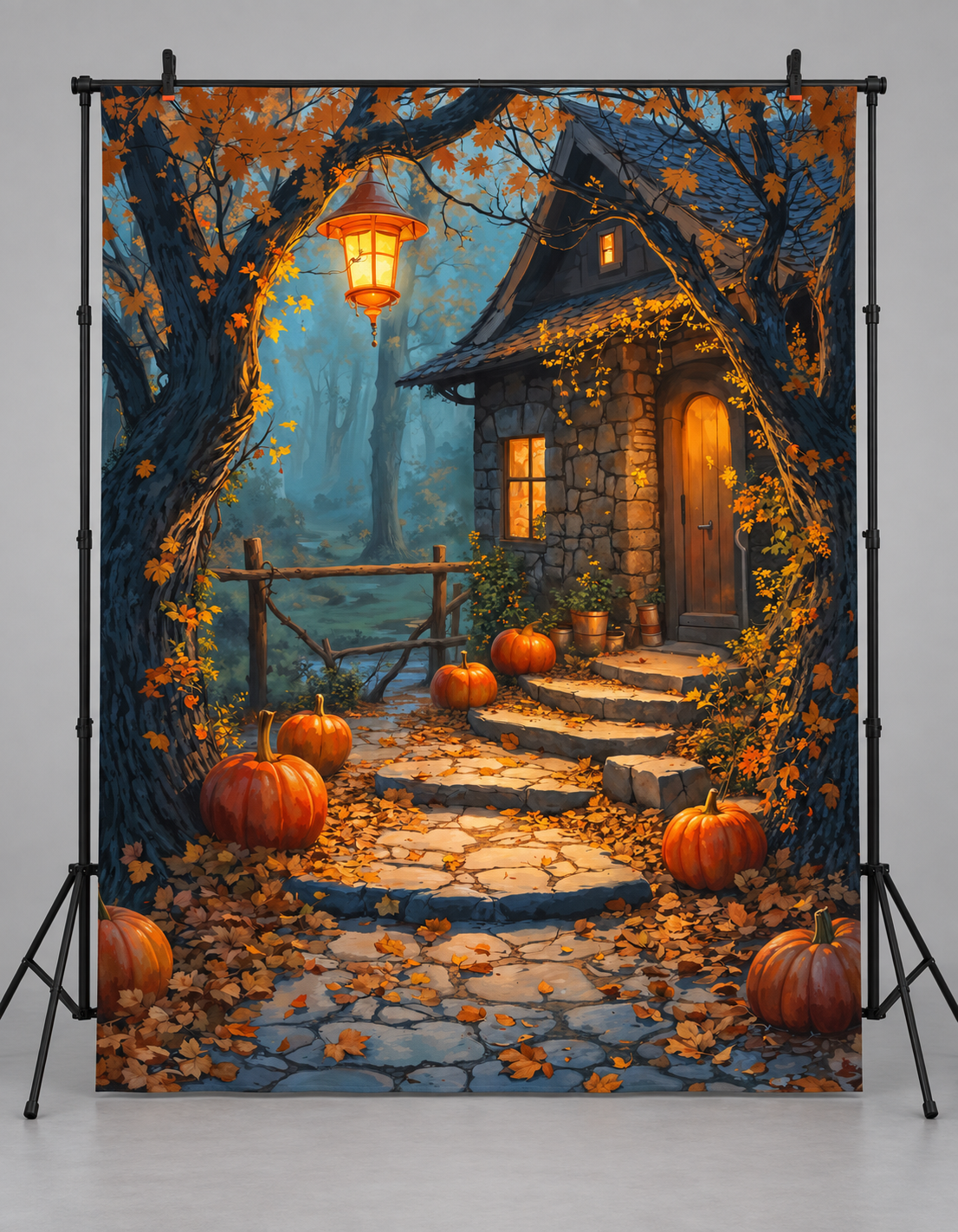 Autumn Woodland Cottage Photography Backdrop hanging display illustration