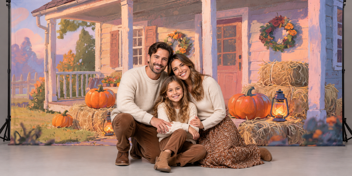 Harvest Wreath Porch Fall Photography Backdrop portrait styling illustration