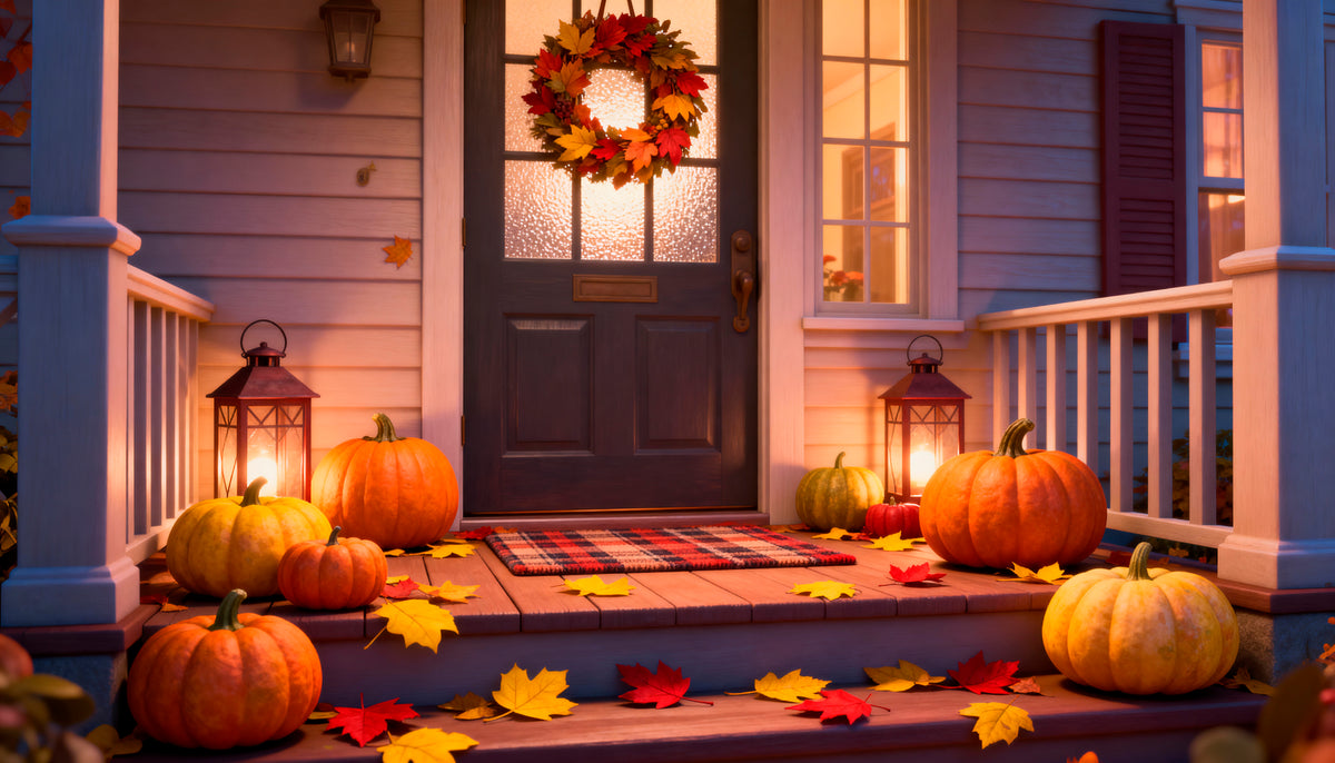 Lantern Pumpkin Porch Fall Photography Backdrop flat artwork