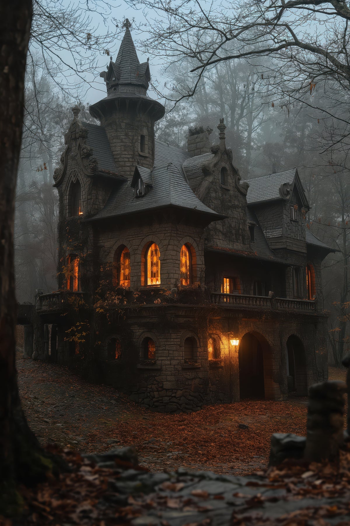 Gothic Moonlit Manor Halloween Backdrop flat artwork