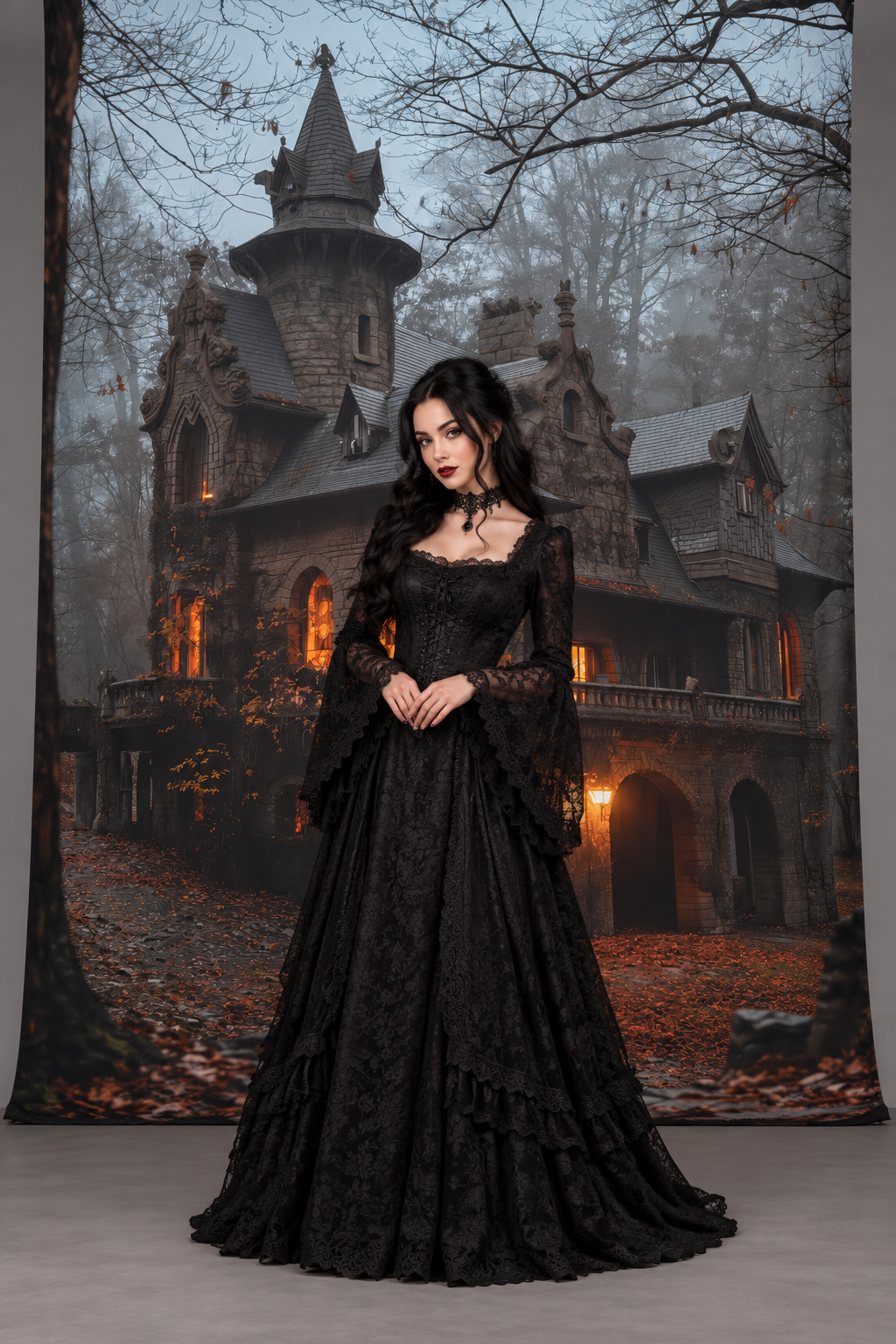 Gothic Moonlit Manor Halloween Backdrop portrait styling illustration