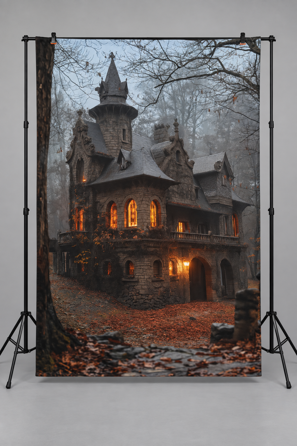 Gothic Moonlit Manor Halloween Backdrop hanging display illustration