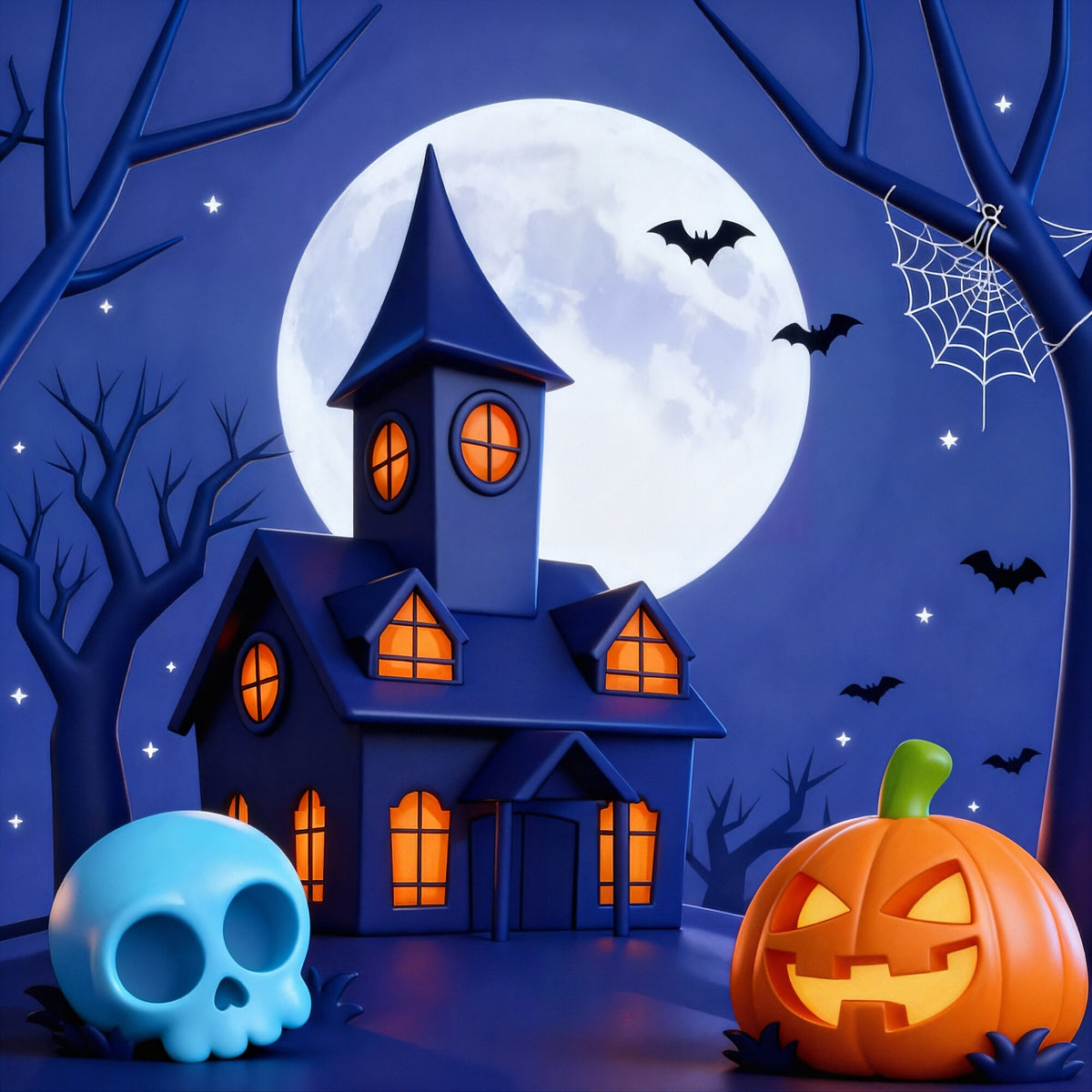 Cartoon Moonlit Haunted House Halloween Backdrop flat artwork