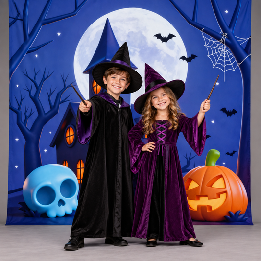 Cartoon Moonlit Haunted House Halloween Backdrop portrait styling illustration