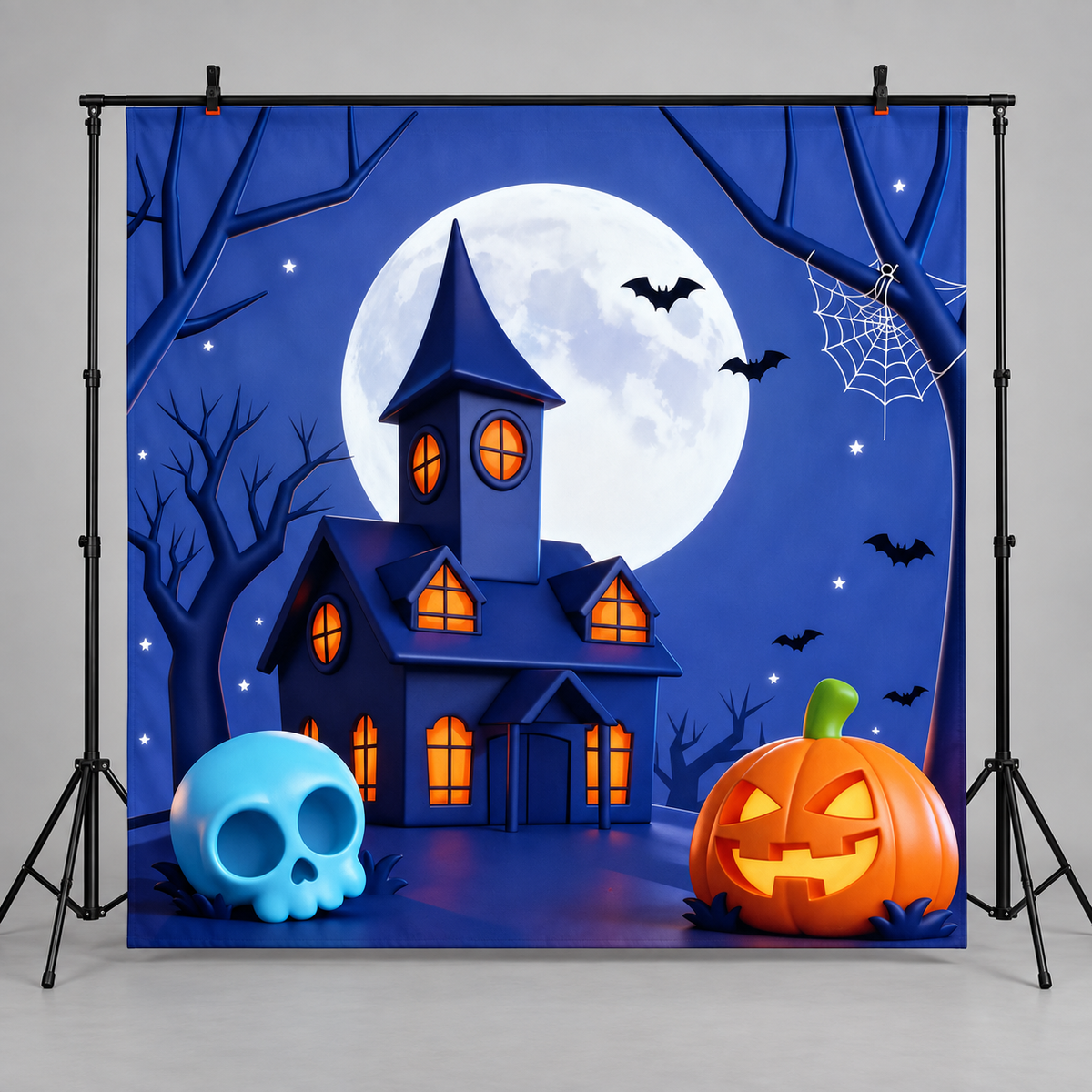 Cartoon Moonlit Haunted House Halloween Backdrop hanging display illustration