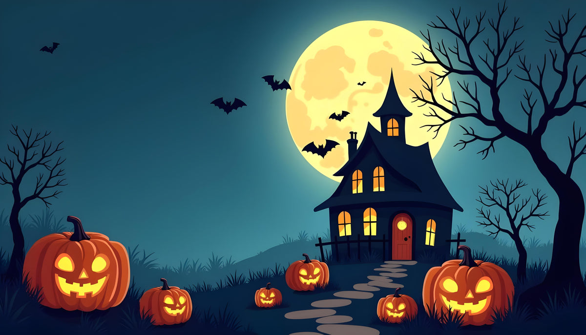 Golden Moon Pumpkin Cottage Halloween Backdrop flat artwork