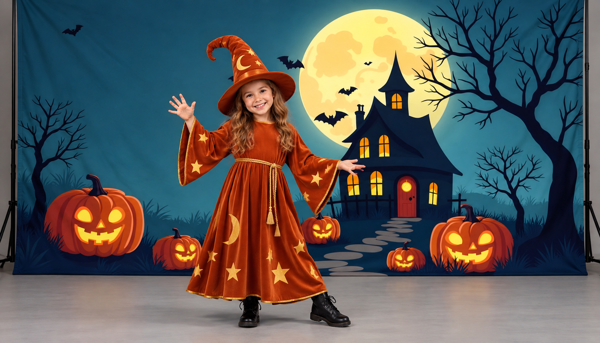 Golden Moon Pumpkin Cottage Halloween Backdrop portrait styling illustration