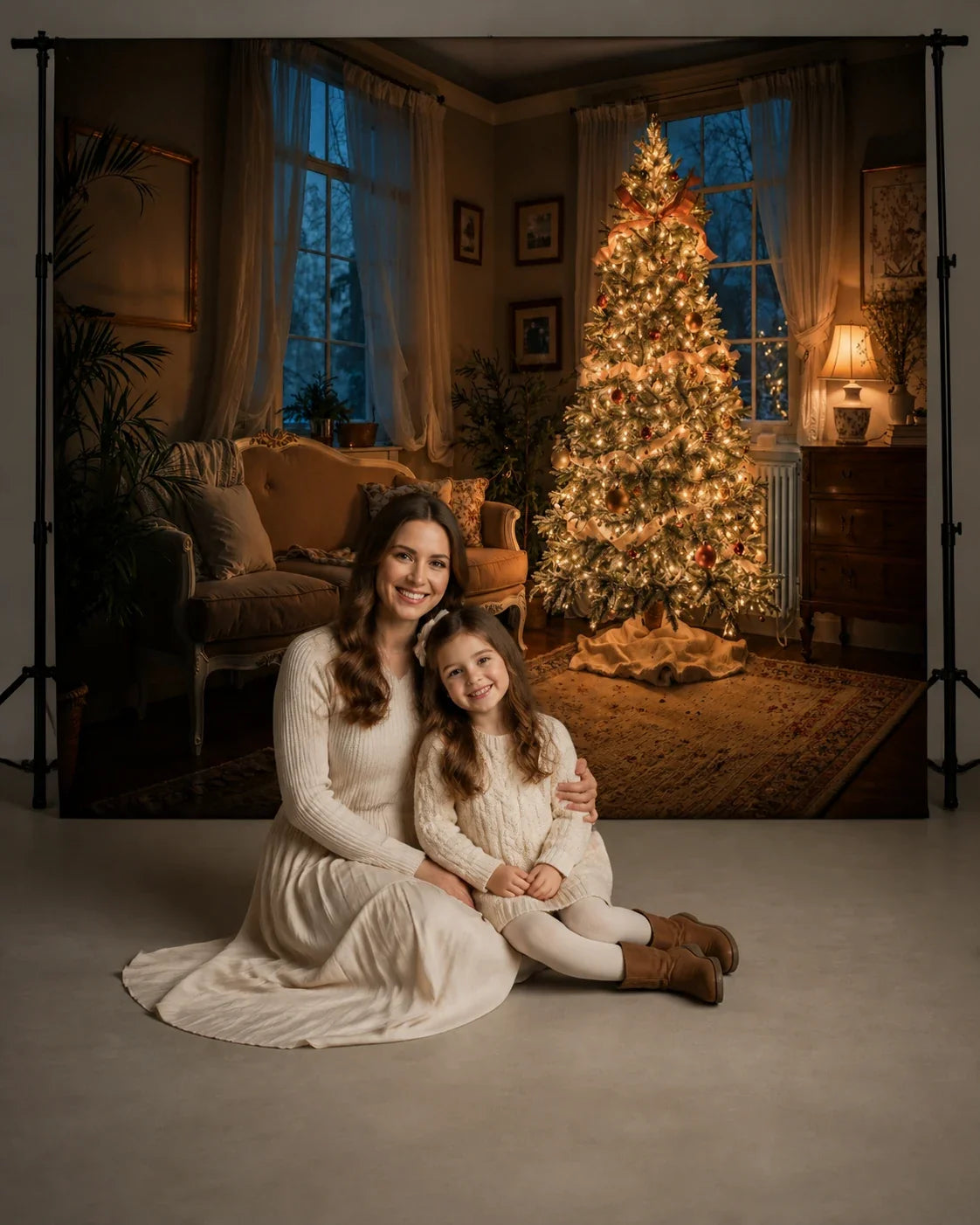 Styled mother and daughter holiday portrait setup with Cozy Christmas Tree photography backdrop