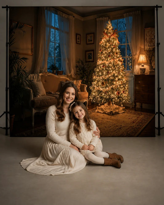 Styled mother and daughter holiday portrait setup with Cozy Christmas Tree photography backdrop