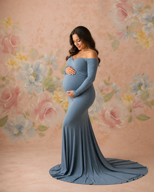 Styled maternity portrait with floral painting baby shower photography backdrop