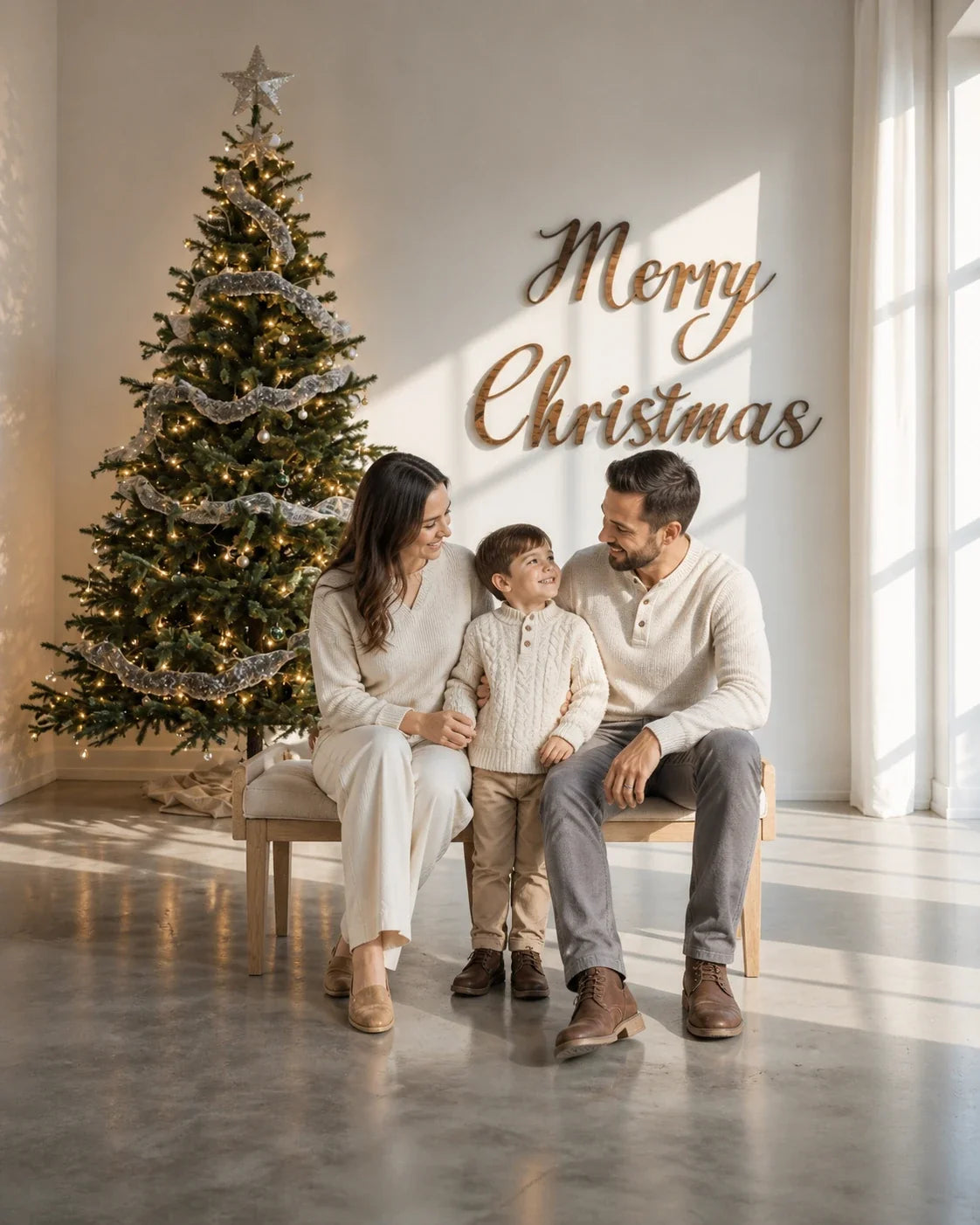 Styled family holiday portrait with Minimal Sunlit Christmas Tree photography backdrop