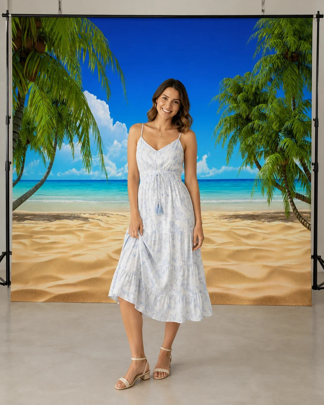 AI editorial studio visualization of Painted Summer Beach Photography Backdrop with an adult portrait model
