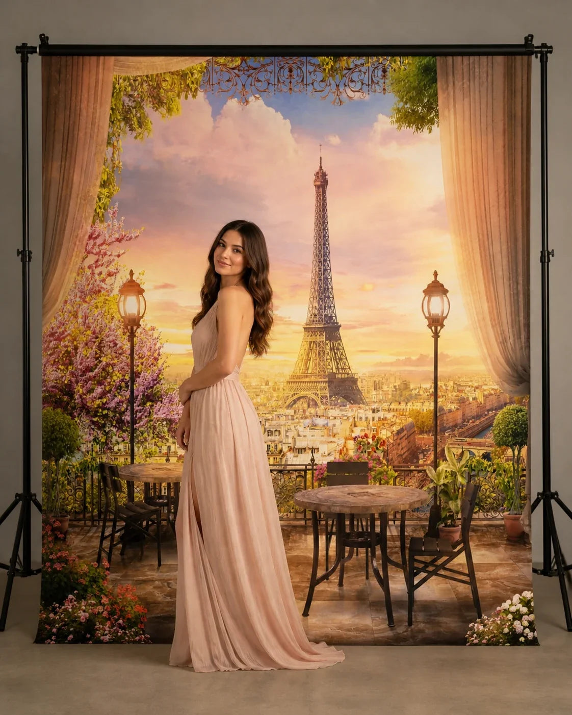 Styled portrait setup with Paris sunset city photography backdrop