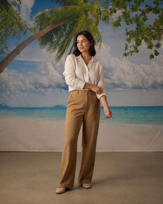 Styled studio portrait using the Tropical Palm Beach printed photography backdrop