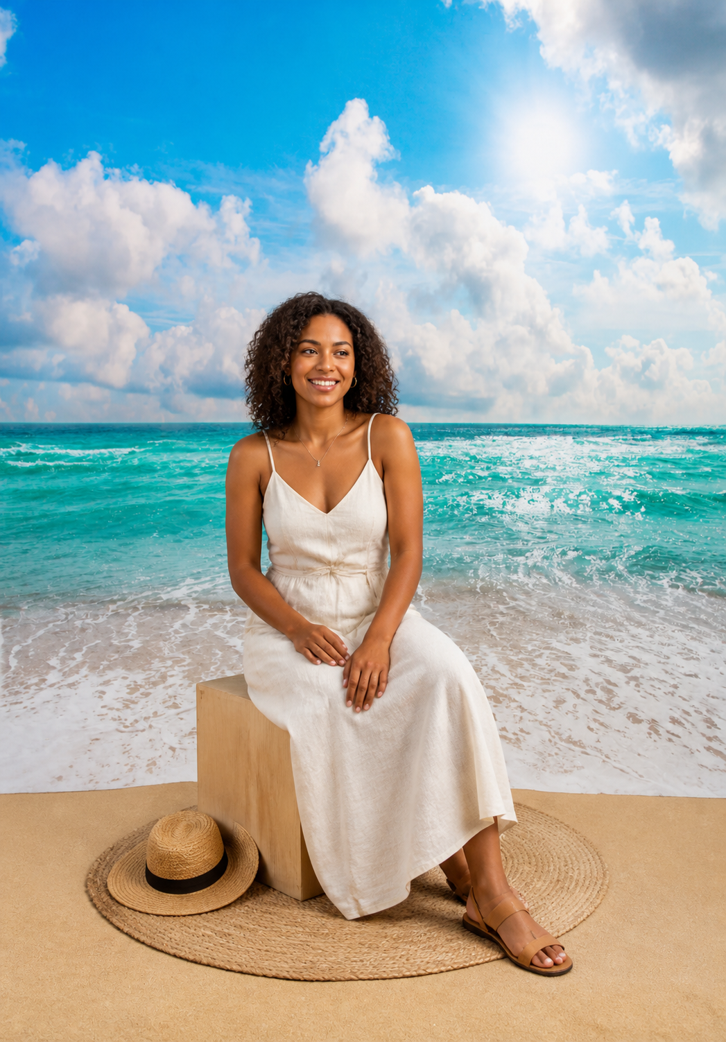 Editorial studio portrait styled with the Turquoise Ocean Beach photography backdrop